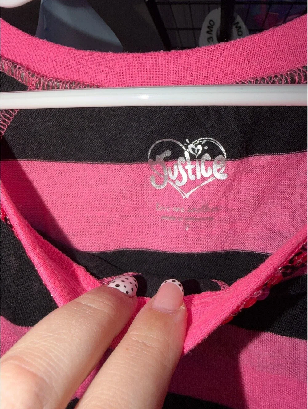 Girls Size 7 Neon Pink & Black Striped Top / Shirt by Justice | Sequins